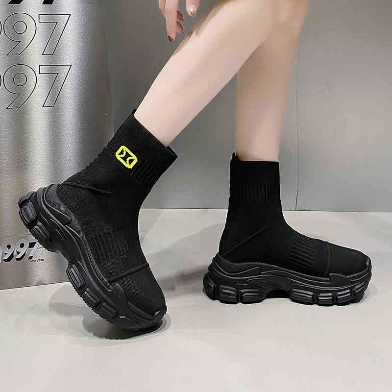 Spring And Autumn Fashion Thick Soled Height Increasing Flyknit Elastic Boots