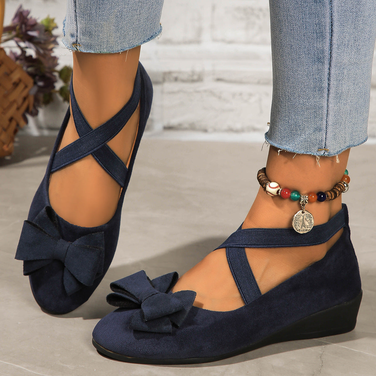 Suede Bow Cross Elastic Band Wedge Oversized Shoes Viralgem Store