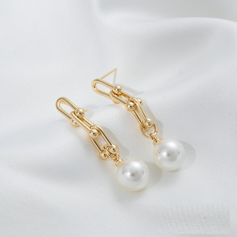 14K Copper Bag Real Gold Color U-shaped Chain Hanging Sheep Eye Bead Cushion Stud Earrings 925 Silver Needle DIY Viralgem Store