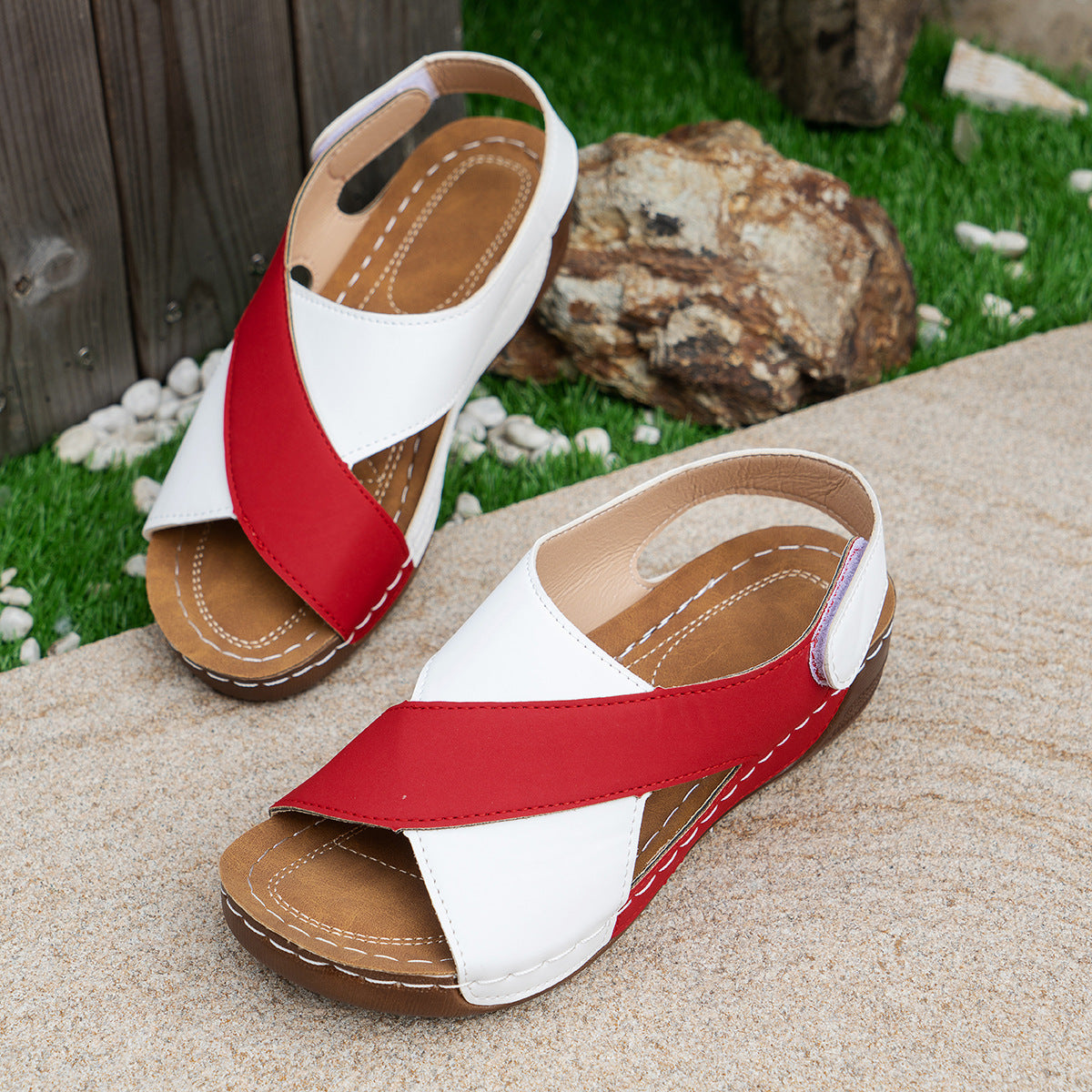 Summer Wedges Sandals With Colorblock Cross-strap Design Casual Thick-soled Roman Shoes For Women Viralgem Store