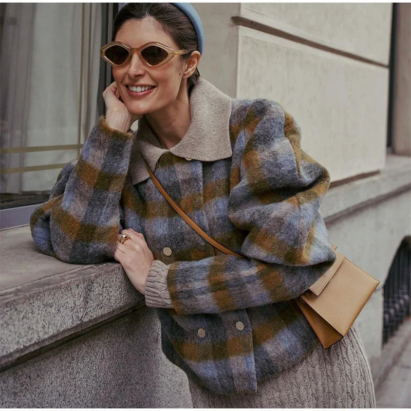 Women's Retro Contrast Color Check Coat Viralgem Store