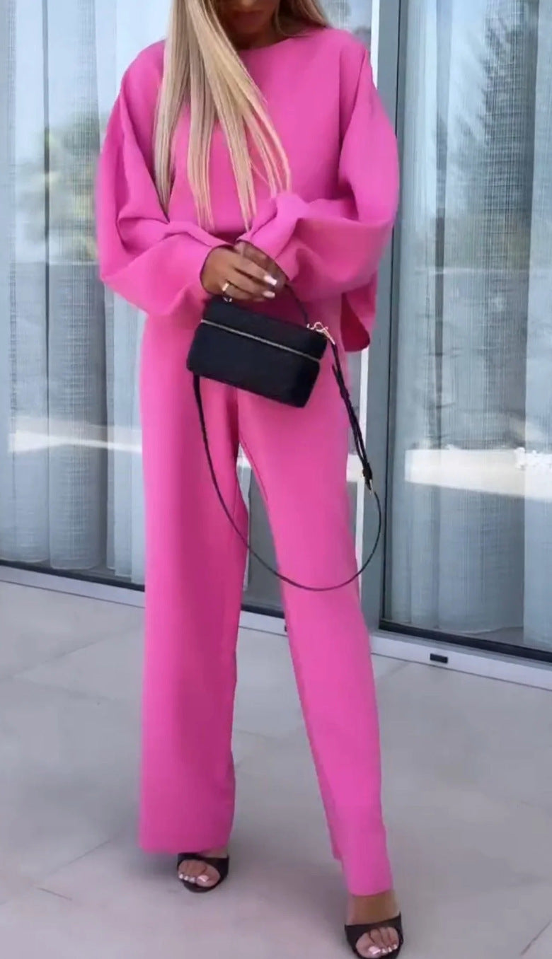 Women's Solid Color Round Neck Long Sleeve Elastic Waist Pants Two-piece Suit Viralgem Store