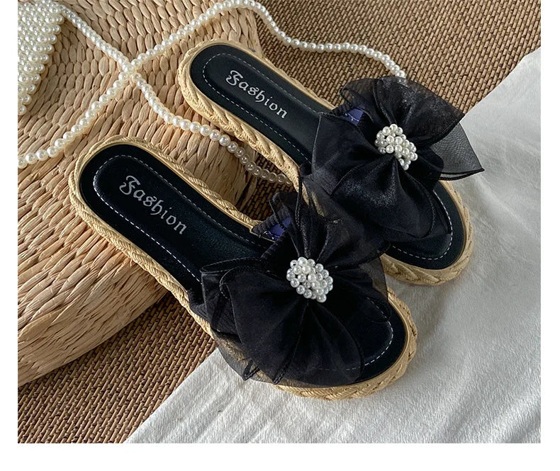 Women Summer Slippers Online Celebrity Slippers Ins New Joker Korean Fairy Wind Mesh Bow Word Drag Breathable Wear-resistant