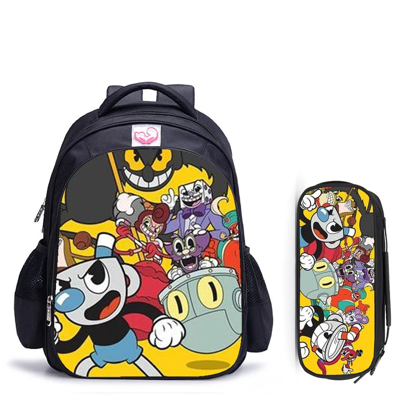 16 Inch Cuphead Game Mugman Children Backpack Lovely Schoolbag Boys and Girls Orthopedic Backpack Pencil Bag Sets
