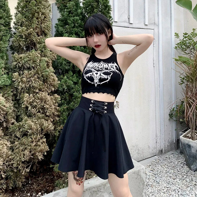Women's Basic Versatile Flared Casual Mini Skater Skirt High Waisted School Goth Punk Black Skirt Harajuku