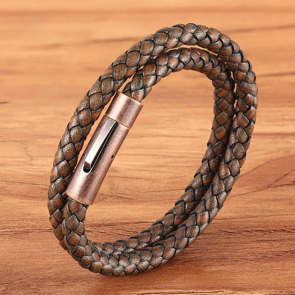 XQNI Perfect Design Double Layer Vintage Steel Buckle Geometric Braid 6mm Leather Bracelet Men Women Fashion Birthday Gift