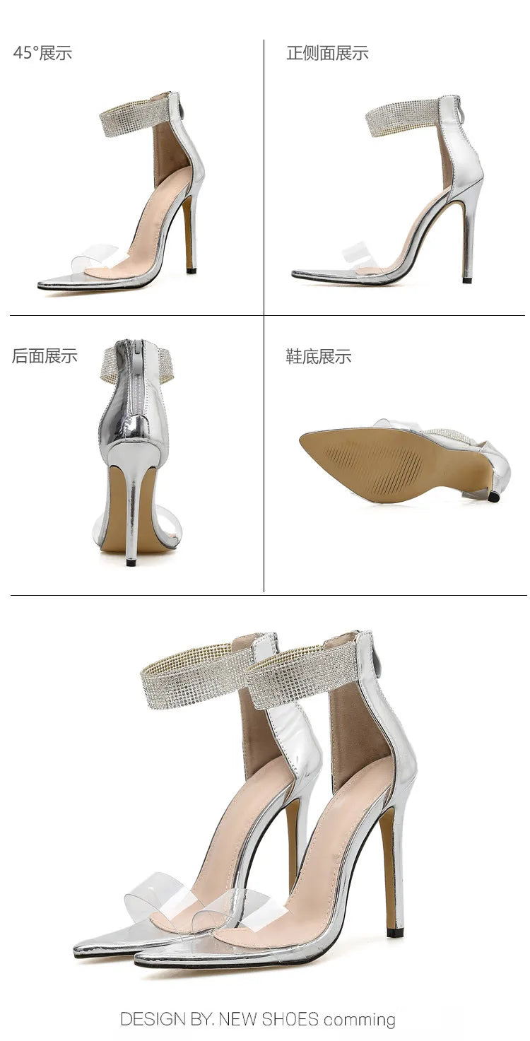 Summer New Crystal Ankle Strap Sandals Women Sexy Open Toe PVC Zipper Thin High Heels Sandals Female Wedding Shoes 2020