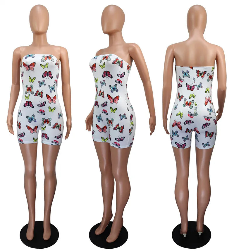 Summer Sexy Off Shoulder Butterfly Print Romper Women Fashion Slim Short Jumpsuit Rompers Sleeveless Bodysuit Strapless Romper