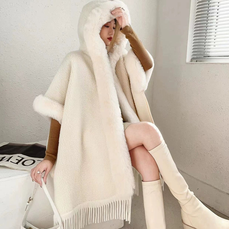 Thickened All-Matching Double-Sided Hooded Large Fur Collar Cape and Shawl