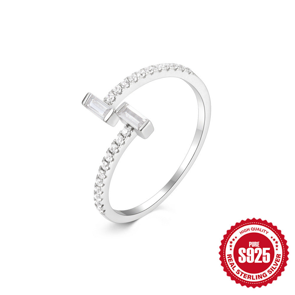 925 Sterling Silver Letter Zircon Light Luxury High-grade Open Ring