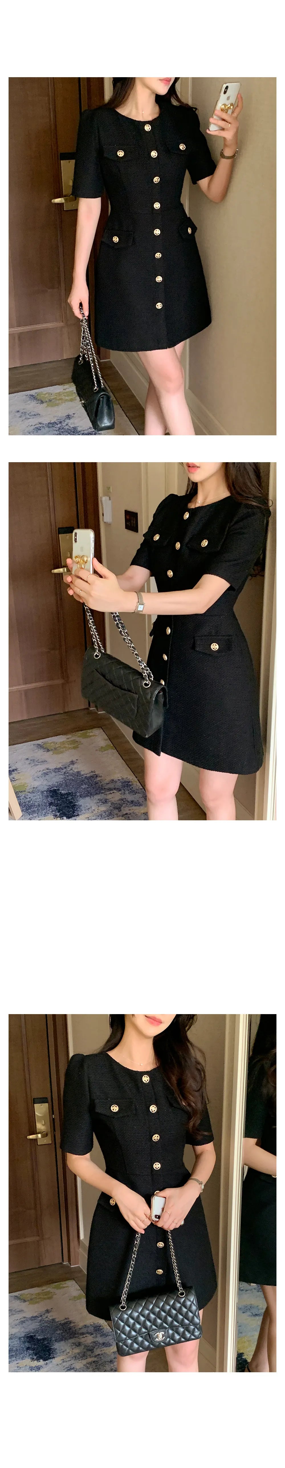 Temperament Small Fragrance O-neck Vestidos 2024 Summer Korean Chic High Sense Tweed Puff Sleeve Dress Short Dresses Woman