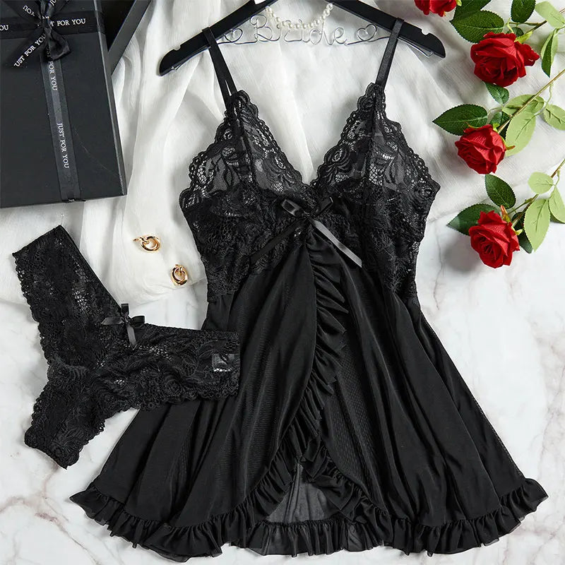 Thin Style G-string Contrast Lace Ruffle Trim Lingerie Set Deep V Slip Dress Thong Women's Sexy Lingerie Lencería Mujeres Viralgem Store