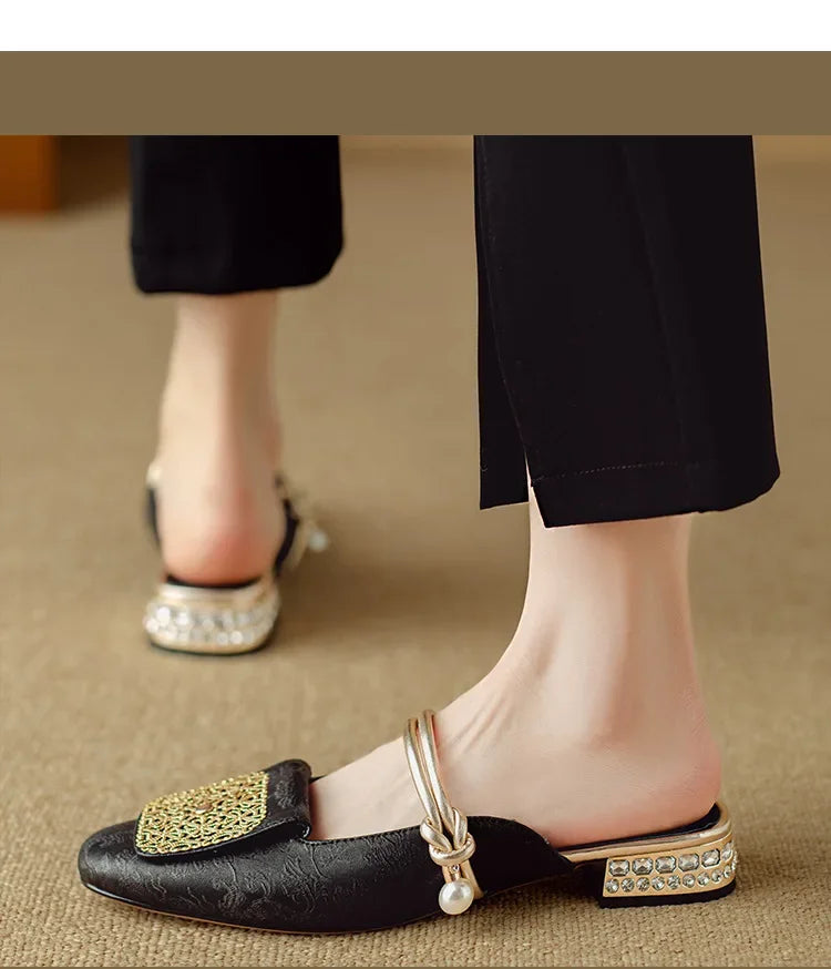 2024 Summer Elegant Sandals Women New Rhinestones Fashion Dress Half Slippers Baotou Women's Temperament Chinese Style Slippers