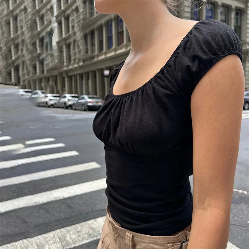 Xingqing y2k Crop Top Women Aesthetic Clothes Solid Color Short Sleeve Ruched T Shirt Basic Baby Tee 2000s Clothing Streetwear