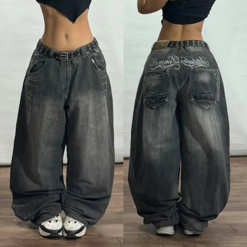 Y2K American New Pattern Printing Washed Baggy Jeans Men Harajuku Vintage Hip Hop Rock Popular Gothic High Waist Wide Leg Pants