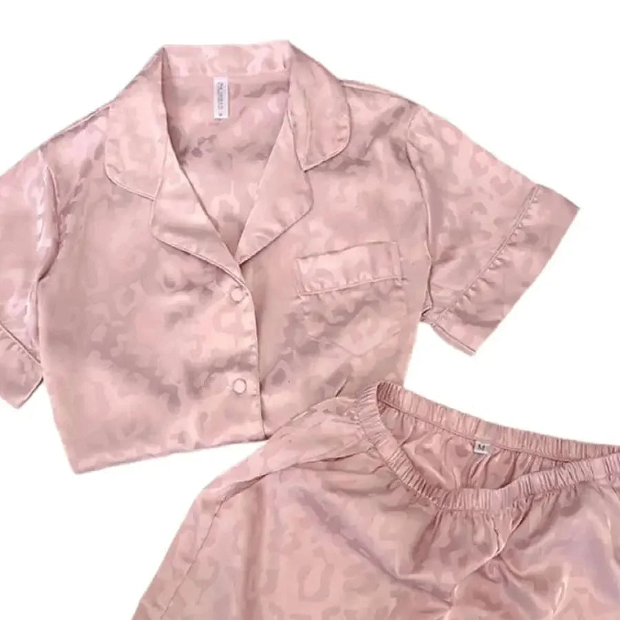 1 Set Leopard Pattern Pajama Set, Buttons Short Sleeve Top & Elastic Waistband Shorts, Women's Sleepwear & Loungewear