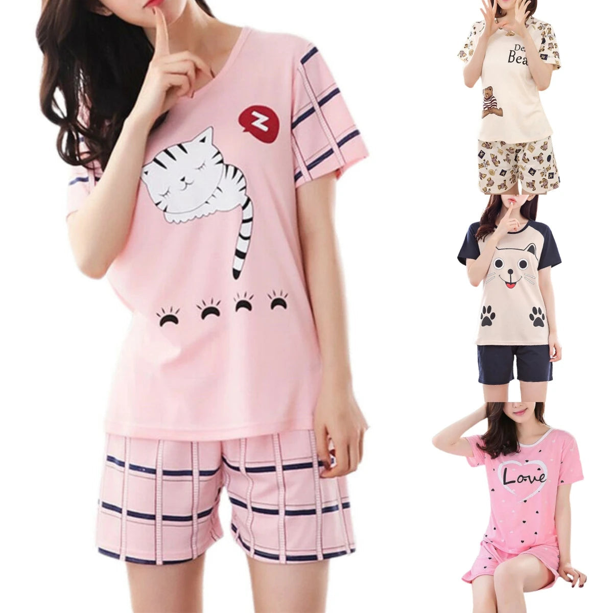 2 Pieces Set Summer Pyjamas Women's Cute Cartoon Nightwear Ladies Sleepwear Suit Short Sleeved Oversized Round Neck Sleepwear Viralgem Store