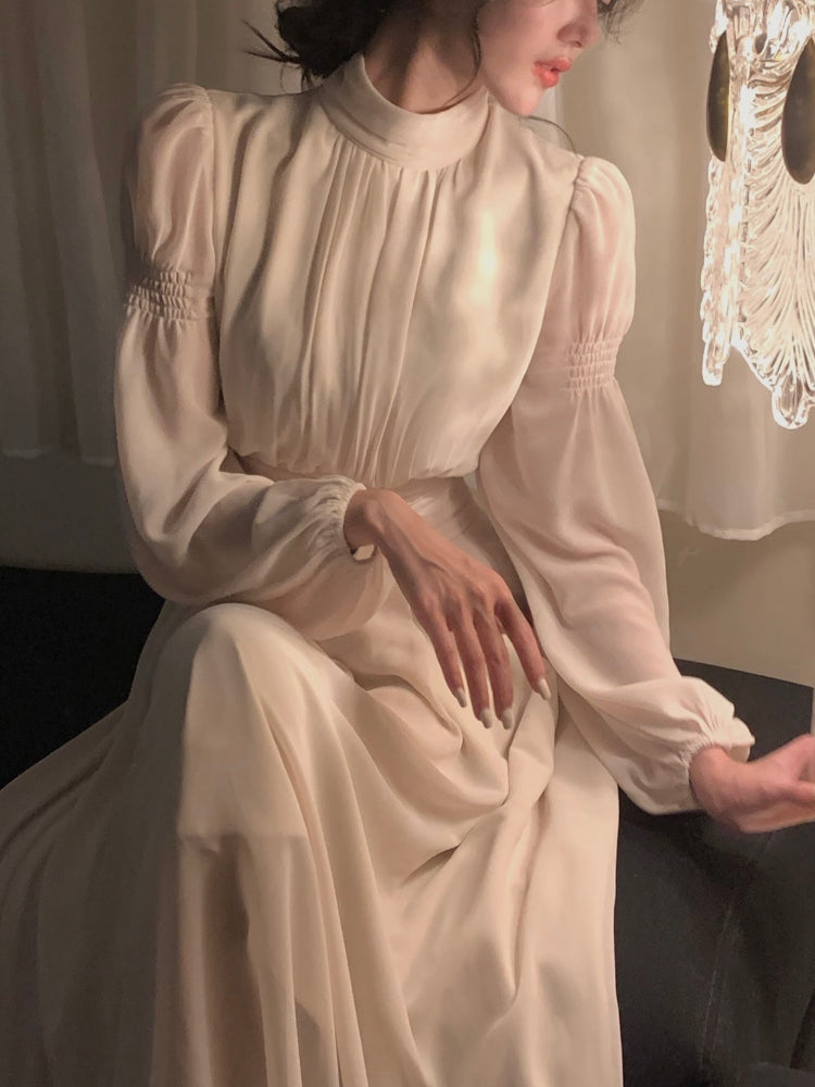 White Solid Vintage Party Midi Dress Women Puff Sleeve Slim Sweet Elegant Dress Ladies High-waisted French Style Chic Dress 2023 Viralgem Store