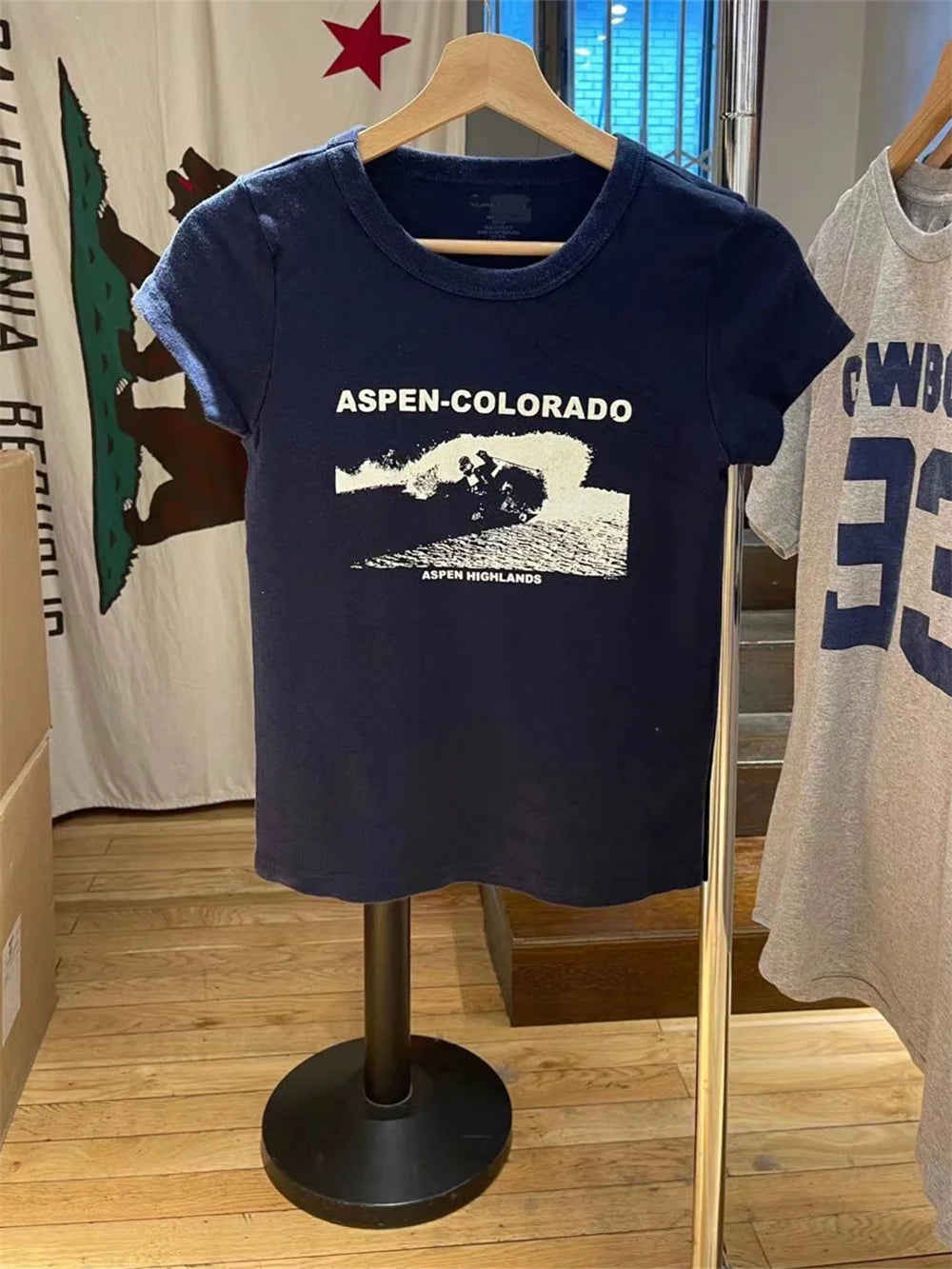 Women Vintage T-shirt 2023 Ladies Casual Blue Pure Cotton Comfortable Print Round-neck Fashion T-shirt For Women's Shirts