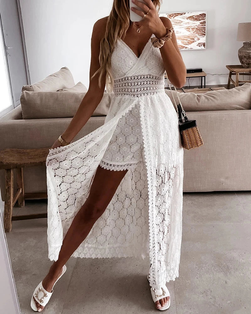 Summer V Neck Solid Color Lace Hollow-Out Sleeveless Sling Party Wear High Waist Rompers Holiday Casual White Women's Jumpsuit Viralgem Store