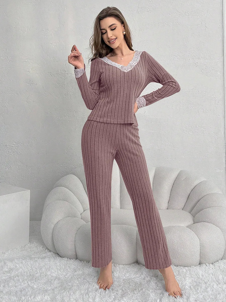Women's Pajama Set Solid Pit Strip Sleepwear Lace V-neck Long Sleeves Tops Trousers Suit Elegant Casual Home Loungewear Nighties