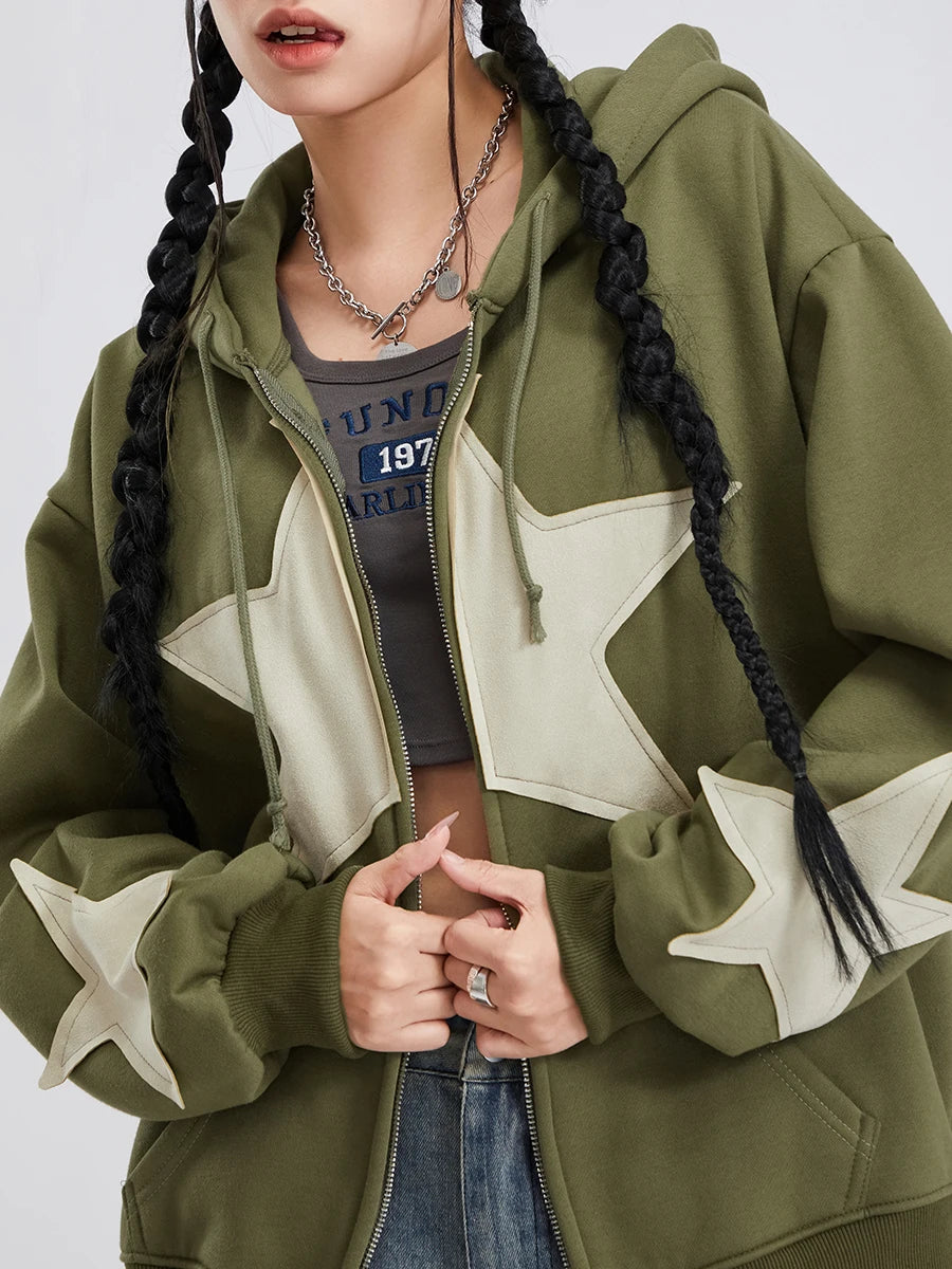 Women's Y2k Zip Up Hoodies Star Print Long Sleeve Graphic Hooded Jacket Aesthetic Oversized Coat Harajuku Streetwear