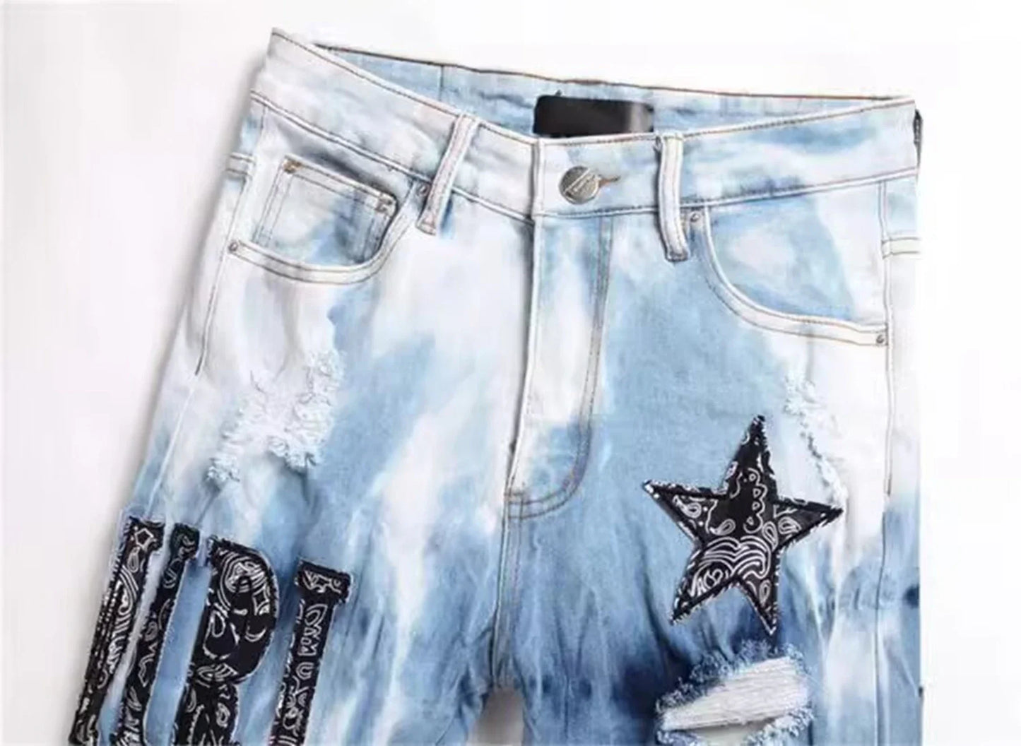 Y2K Star Embroidery Broken Hole Jeans Tie Dyed Light Blue Cotton Stretch Streetwear Fashion Brand Men's Skinny Denim Pants