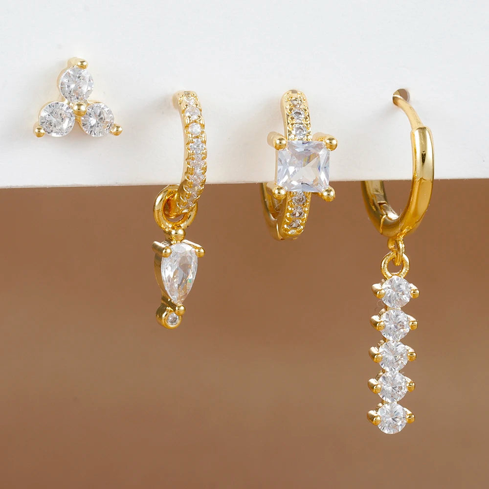 4PCS Simple Crystal Zirconia Square Dangle Earrings Set For Women Korean Stainless Steel Pendant Stud Earring Piercing Jewelry Viralgem Store