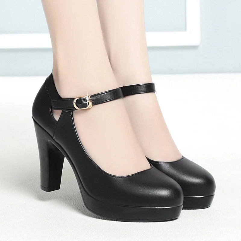 Spring Soft Leather Shoes Women Round Toe Platform Pumps Thick Heel Fashion Temperament Elegant Black Work Single Shoes Viralgem Store