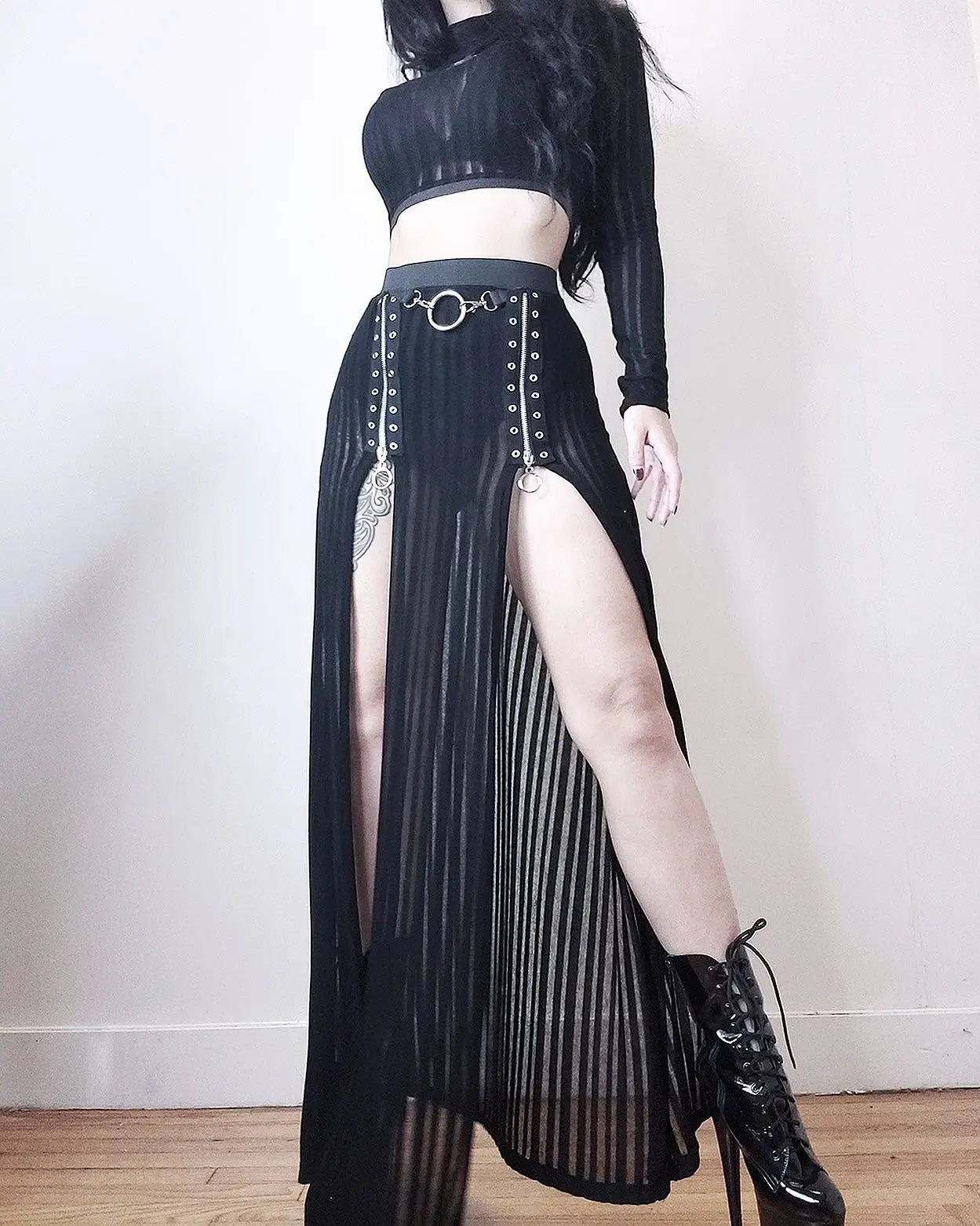 Yangelo Goth Grunge Skirt With Buckle Women Y2K Punk Sexy Bottoms Patchwork Split Long Skirts Summer Zipper See Through Clothes