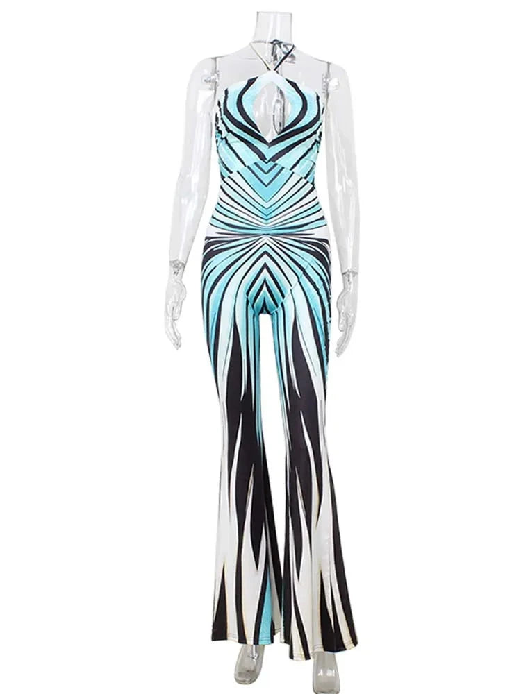 Ahagaga Fashion Printed Women Jumpsuits Halter Bandage Hollow Out Striped Skinny Flare Pants Sexy Streetwear Rompers Female Viralgem Store