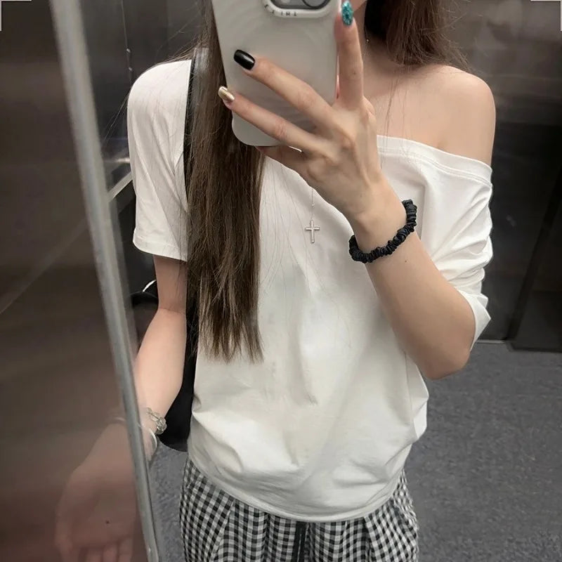T-shirts Women Niche Design Off Shoulder Solid Short Sleeve Summer Chic Loose Casual Daily Simple Sexy Korean Trendy Street Tops Freshlook Styles