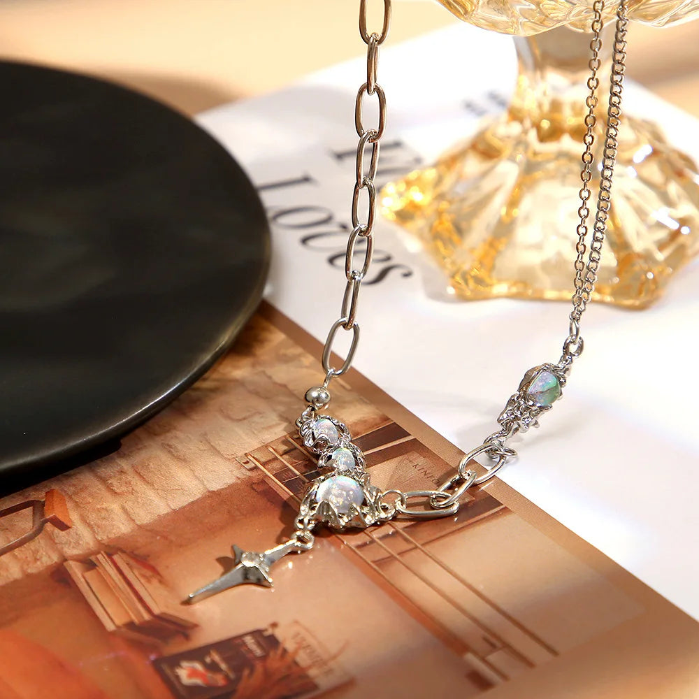 Y2K Retro Kpop Silver Color Pendant Necklaces for Women Gothic Zircon Heart Cross Tassel Necklace Punk Clavicle Choker Jewelry