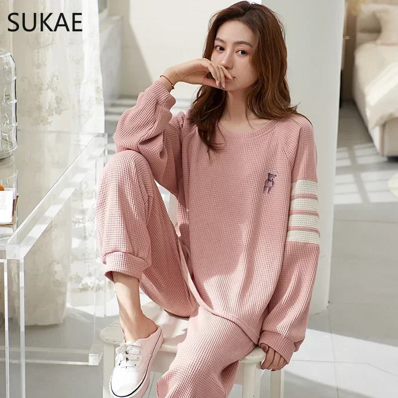 SUKAE Waffle Cotton Korean Minimalist Style Women Pajamas Spring Autumn Long Sleeves Lady Sleepwear Kawaii Round Neck Homesuits