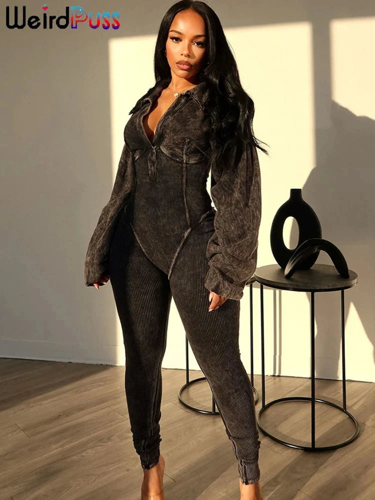 Weird Puss Washed Distressed Jumpsuit Women Ribbed V-Neck Solid SKinny Long Sleeve Fall Casual Trend Simple Activity Streetwear Viralgem Store