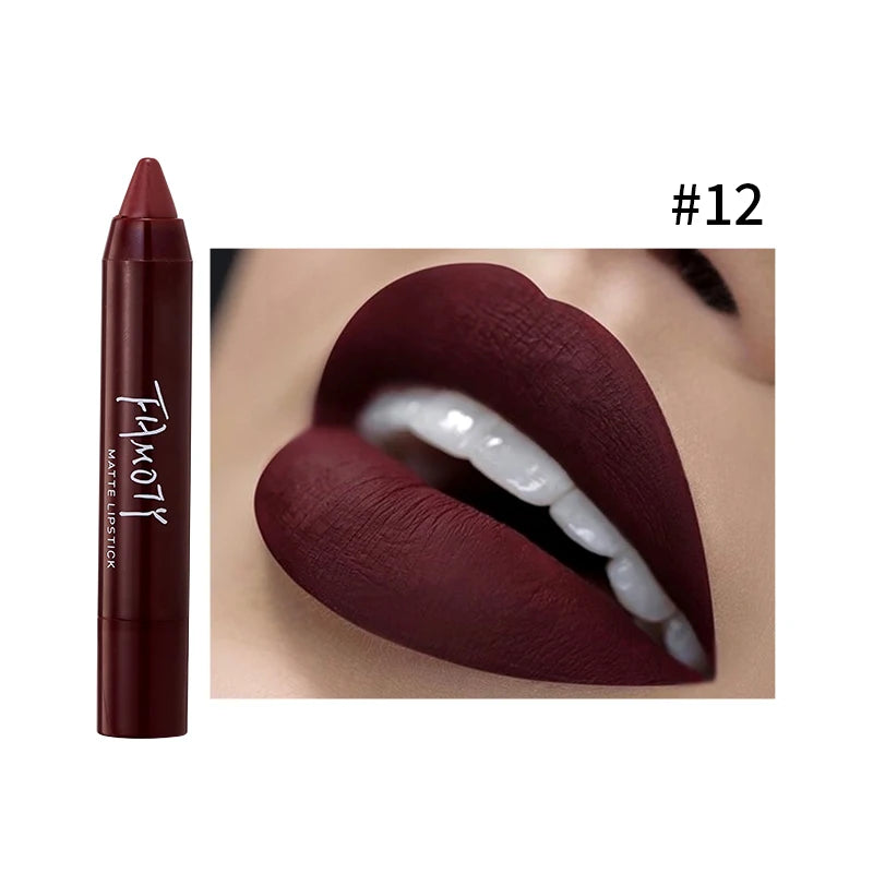 12 Colors Matte Lipstick Pen Waterproof Velvet Nude Lipstick Pencil Sexy Red Brown Pigments Lips Makeup Long Lasting Lip Tint