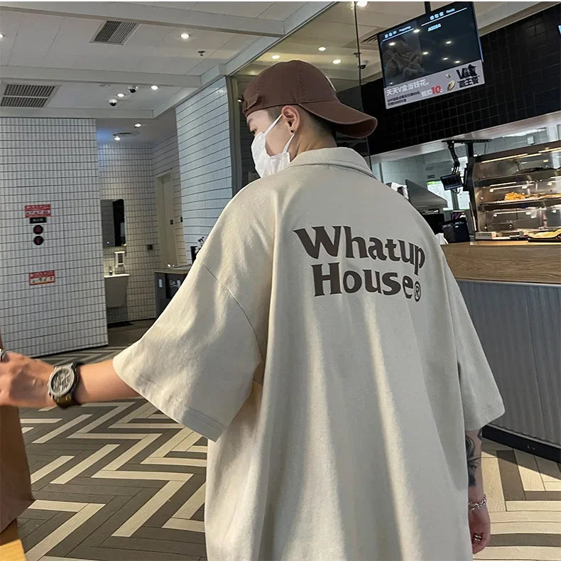 Trendy Polo Shirt Loose Fit Casual Men's Lapel Top Hk Style Hip Hop Short Sleeve T-shirt Fashion Outerwear