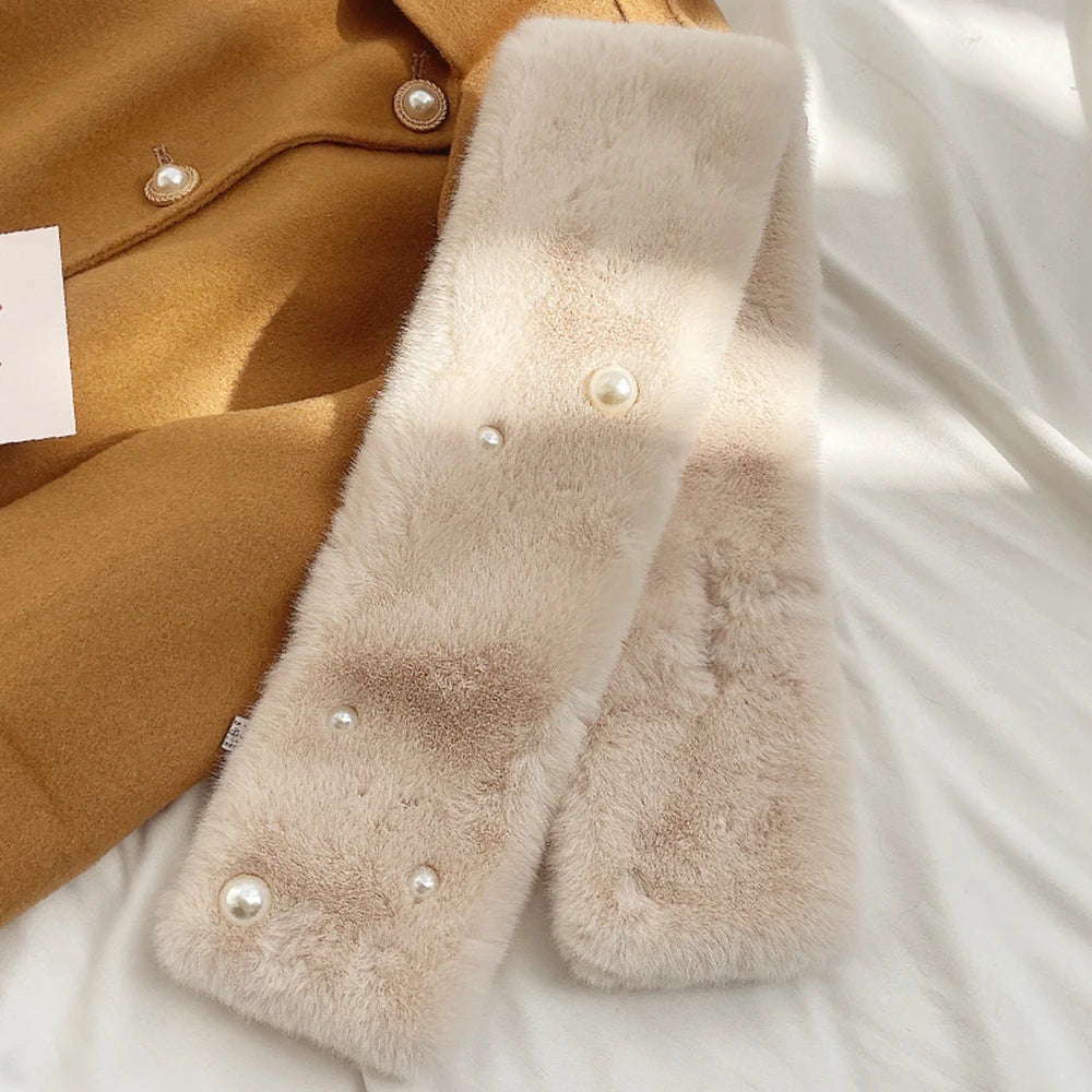 2023 Pearl Faux Rabbit Fur Scarf Women Cute Neck Warmer Winter Warm Soft Furry Scarves Outdoor Windproof Cross Scarf Collar New