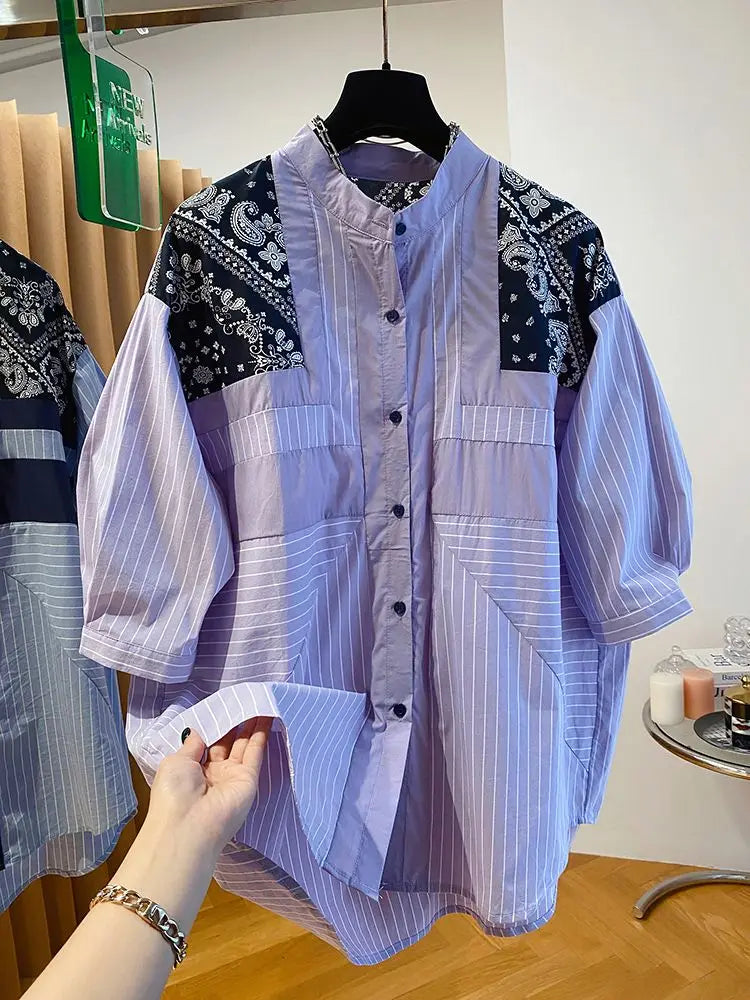 Striped Short-sleeved Shirt Women 2025 Summer Autumn New Stitching Printed Cotton and Linen Retro Loose Casual Blouses Top Freshlook Styles