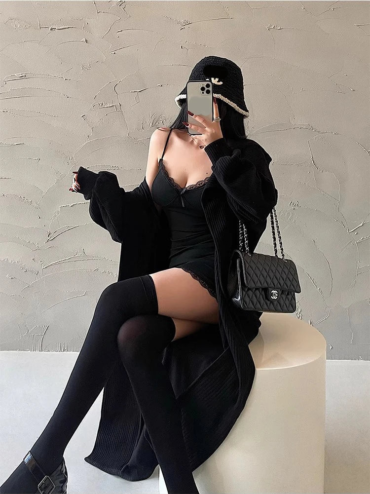 Y2K Retro Lace Patchwork Spaghetti Strap Black Bodycon Dress Mini Fashion Aesthetic Bow Club Party Sexy Dresses for Women Viralgem Store