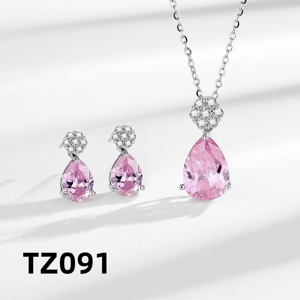 925 Sterling Silver Jewelry Set Shiny Rose Quartz Zircon Women Necklace Earrings Birthday Wedding Party Jewelry Gift Viralgem Store