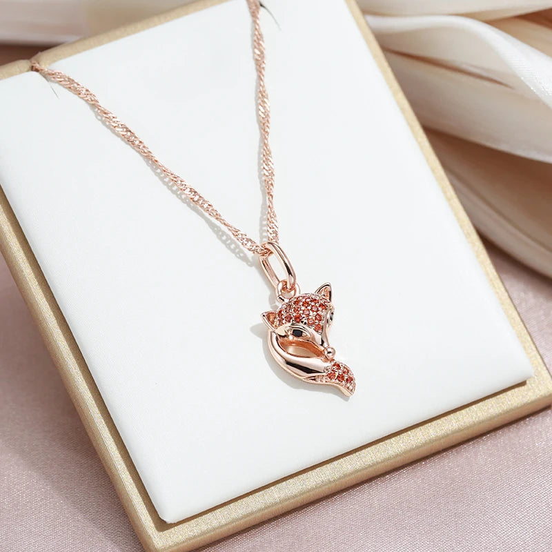 SYOUJYO Red Natural Zircon Fox Pendant Necklace For Women 585 Rose Gold Color Animal-shaped Fine Jewelry Viralgem Store