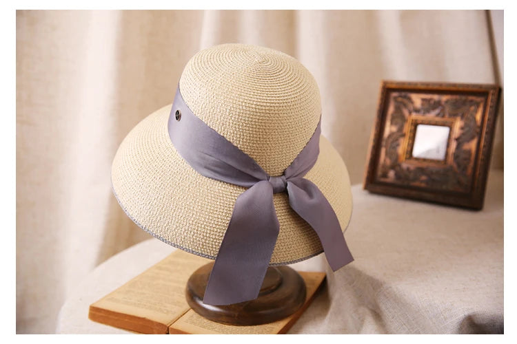 2024 Hepburn Sun Hat Women Summer Sunscreen Straw Hat Female Retro Bow French Elegant Hat Big Eaves Sunshade Beach Hat