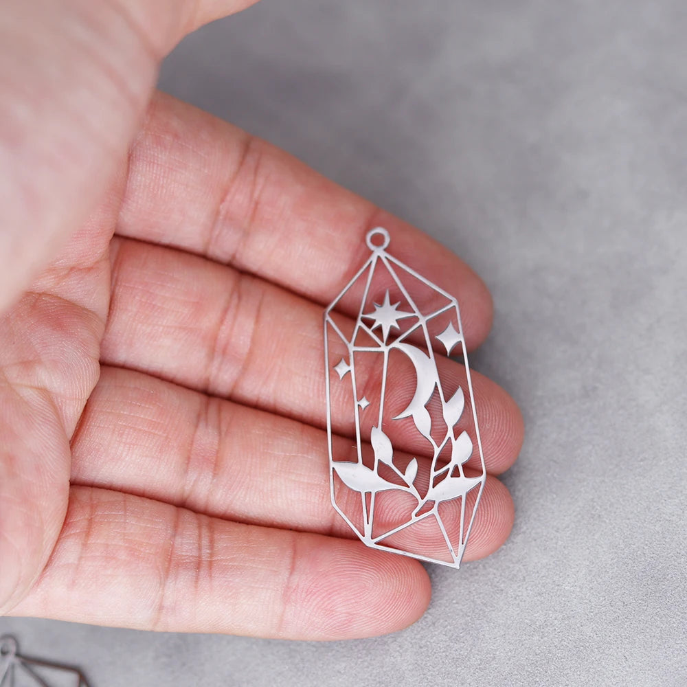 3X Art Line Crystal Moon Leaf Charm Stainless Steel Pendant for Jewelry Making DIY Craft Vintage Tassels Earrings Necklace Women