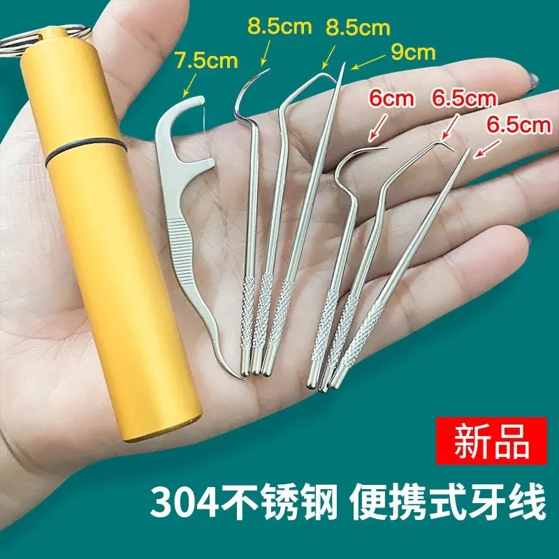1Set Toothpick Set Metal Stainless Steel Oral Cleaning Tooth Flossing Portable Toothpick Floss Teeth Cleaner with Storage Tube