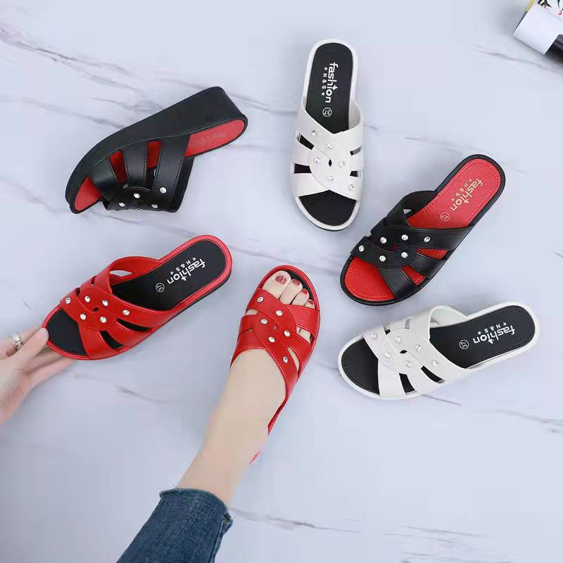Women's Wedges Slippers Thick Bottom Round Head Sandals Casual Lightweight Non-slip Beach Shoes Zapatillas De Estar Por Casa
