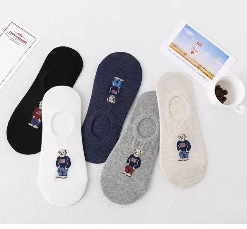 5 Pairs of Super Cute Bear Embroidered Cartoon Bear Boat Socks, Soft and Comfortable, Sweat Wicking and Versatile Short Socks