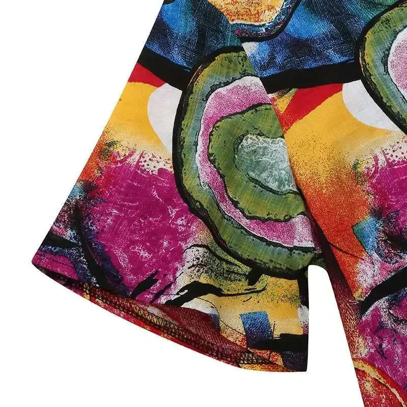 2024 New Short Sleeve Long Retro Print Dress Pocket Large Casual Dress