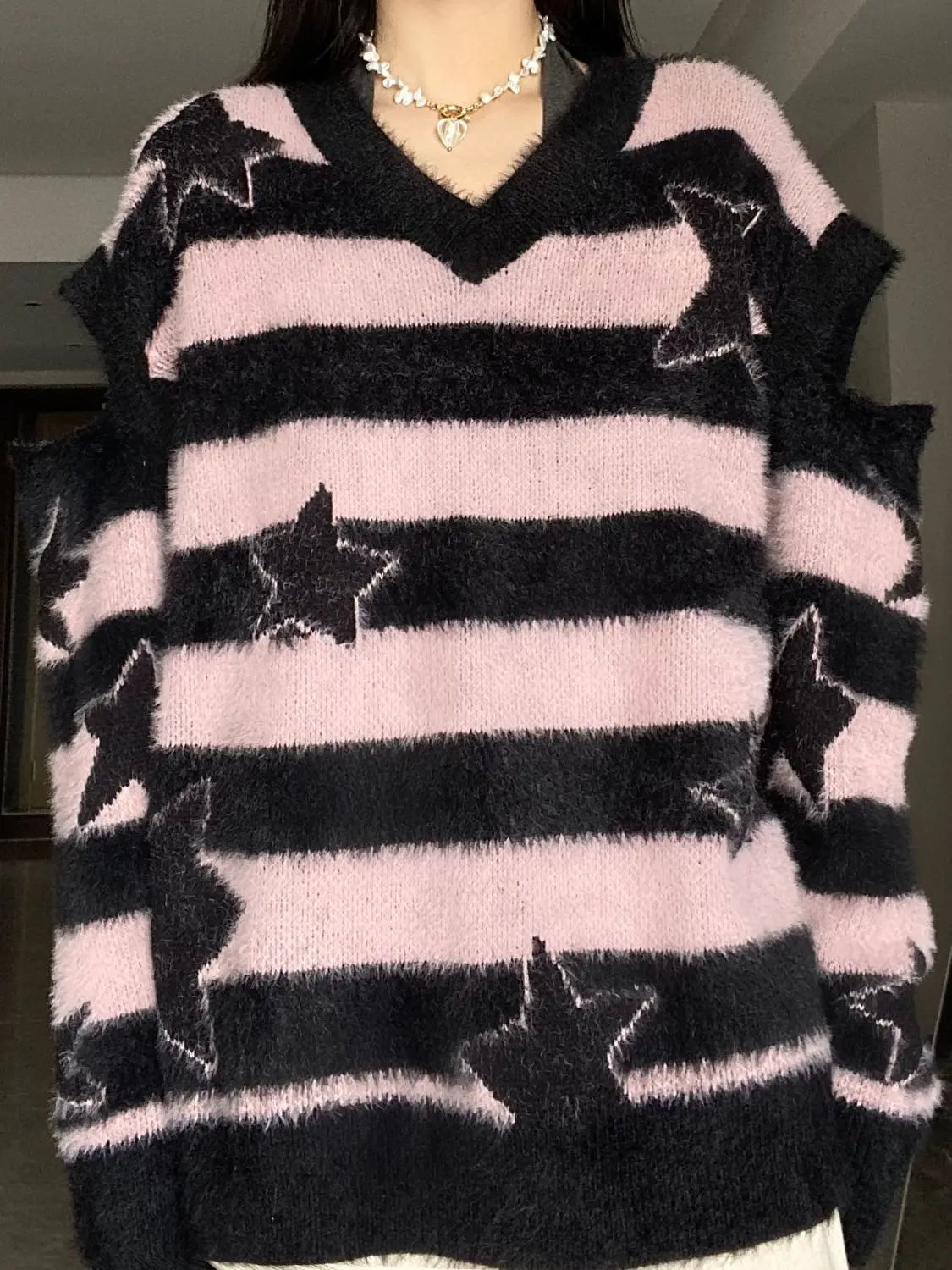 ADAgirl Harajuku Striped Sweater Oversize Y2k Style Pink Detachable Sleeves Star Print Jumpers Gothic Winter Korean Alt Clothes