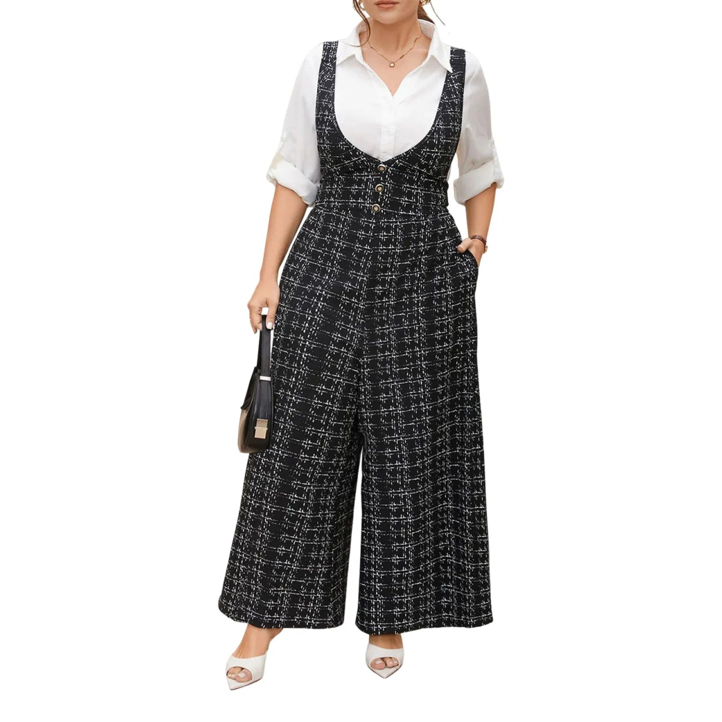 2025 Women's Sleeveless Oversized Jumpsuit Overalls Ladies Sexy Plaid Deep V Neck Wide Leg Pants Jumpsuits with Buttons Pockets Viralgem Store